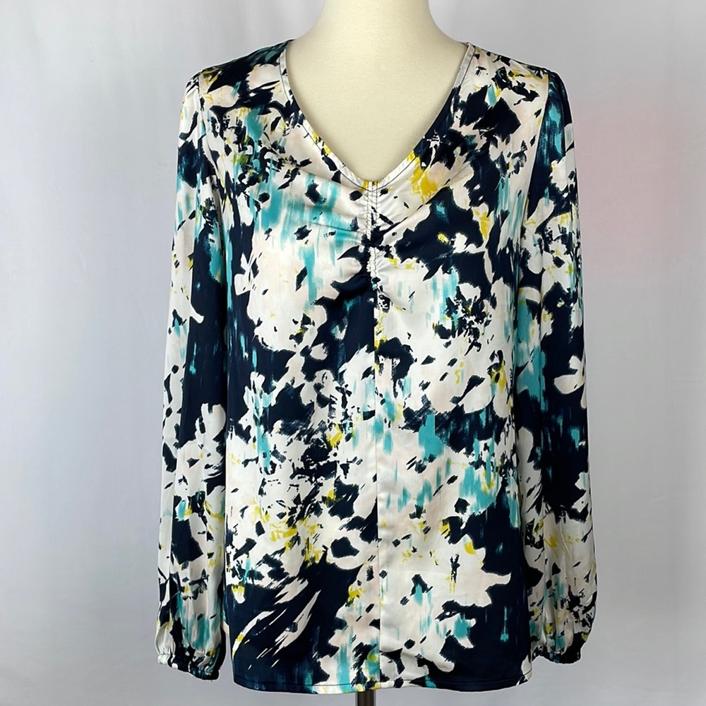 Banana Republic Navy Blue and White Watercolor Long Sleeve Blouse - Size XS